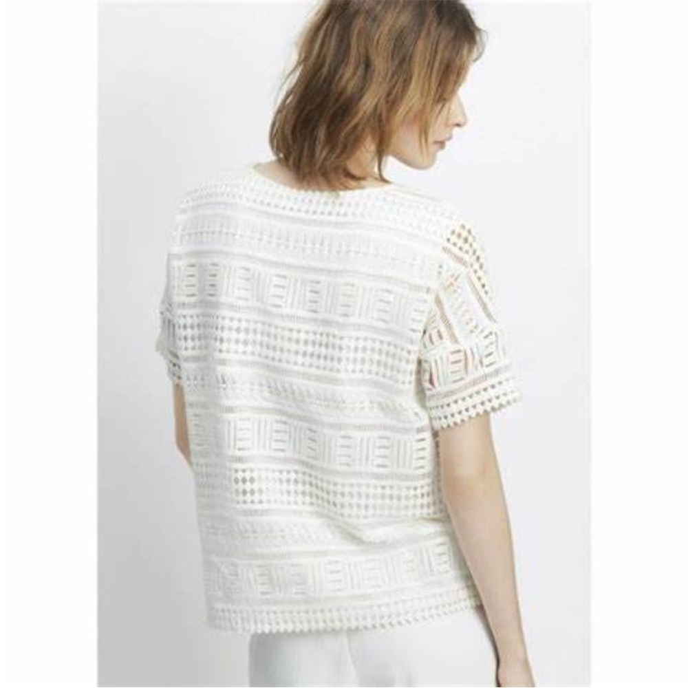 Vince Geometric Lace Crochet Top Short Sleeve Lined Cotton White Career Sz S - Picture 10 of 10